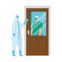 desinfección, persona con traje de protección viral, con termómetro infrarrojo digital sin contacto, control de temperatura de la mujer vector
