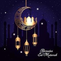 Ramadán eid mubarak, luna colgada con mezquita y linternas colgando. vector