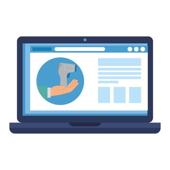 temperature testing by non contact thermometer and laptop, checking new technology vector