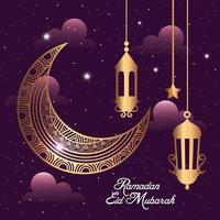 Ramadán eid mubarak con luna y linternas doradas colgando decoración vector