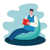 stay home, man sitting in pouf reading book, quarantine or self isolation vector