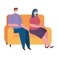 couple wearing medical protective mask against covid 19, sitting in couch, stay at home concept vector