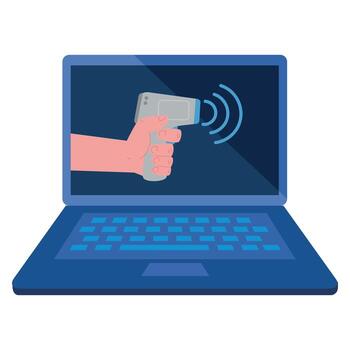 temperature testing by non contact thermometer and laptop, checking new technology vector