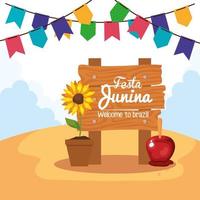 festa junina with wooden sign and decoration, brazil june festival vector