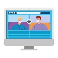 los hombres hablan entre sí en la pantalla de la computadora, videollamada de conferencia, durante el covid 19 vector