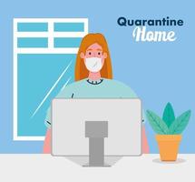 stay home work home, woman protect yourself working at home, stay home on quarantine during the coronavirus vector