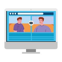 men talk to each other on the computer screen, conference video call vector