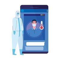 smartphone, man wearing medical mask, app prevention coronavirus covid 19, person in viral protective suit vector