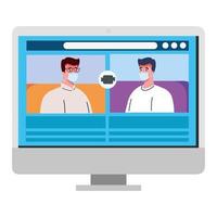 los hombres hablan entre sí en la pantalla de la computadora, videollamada en conferencia, prevención del coronavirus covid 19 vector