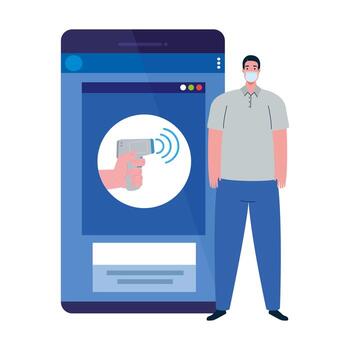 temperature testing by non contact thermometer and smartphone, checking new covid 19 infection in man with new technology vector