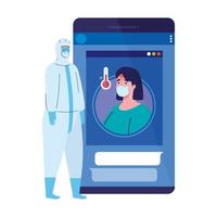 smartphone, woman wearing medical mask, app prevention coronavirus covid 19, person in viral protective suit vector