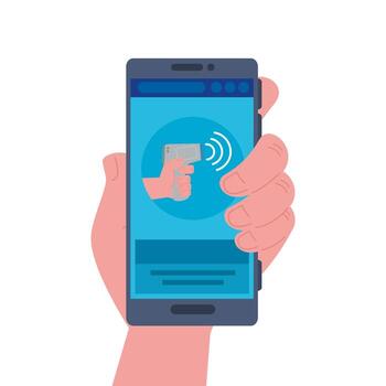 temperature testing by non contact thermometer and smartphone, checking new technology vector