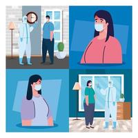 person with disinfection suit, with digital non contact infrared thermometer, set scenes vector
