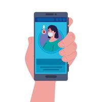 smartphone, woman with disease fever, app prevention coronavirus covid 19, medical consultation virtual medicine vector