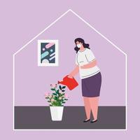 stay home, woman wearing medical mask, woman watering plants, quarantine or self isolation vector