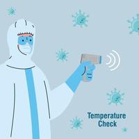 desinfección, persona con traje de protección viral, con termómetro infrarrojo digital sin contacto vector