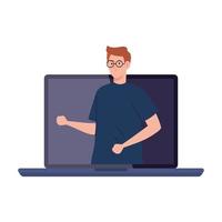 man inside laptop in screen, conference video call vector