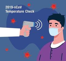 Covid 19 coronavirus, termómetro infrarrojo de mano para medir la temperatura corporal, hombre verifica la temperatura vector