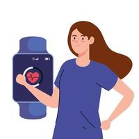 Bastante joven y smartwatch con aplicación de cardio sobre fondo blanco. vector