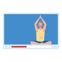 online, yoga concept, man practices yoga and meditation, watching a broadcast on a web page vector