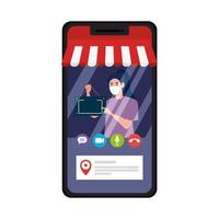 shopping online on website or mobile, woman wearing medical mask against covid 19 with sign hanging in smartphone vector