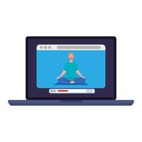 online, yoga concept, man practices yoga and meditation, watching a broadcast on a laptop computer vector