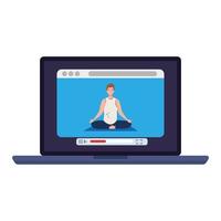 online, yoga concept, man practices yoga and meditation, watching a broadcast on a laptop computer vector