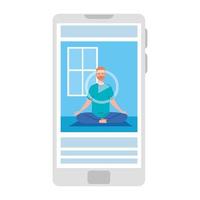 en línea, concepto de yoga, el hombre practica yoga y meditación, viendo una transmisión en un teléfono inteligente vector