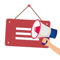hand with megaphone and hanging sign on white background vector
