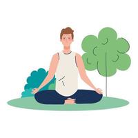 hombre meditando, concepto de yoga, meditación, relajación, estilo de vida saludable en el paisaje vector