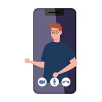 man inside smartphone in screen, conference video call vector