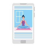 online, yoga concept, woman practices yoga and meditation, watching a broadcast on a smartphone vector