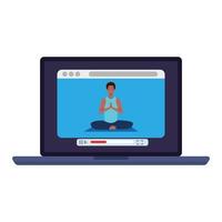 en línea, concepto de yoga, hombre afro practica yoga y meditación, viendo una transmisión en una computadora portátil vector
