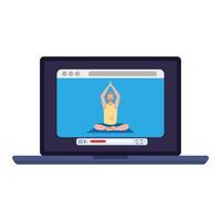 online, yoga concept, man practices yoga and meditation, watching a broadcast on a laptop computer vector