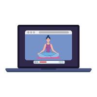 en línea, concepto de yoga, la mujer practica yoga y meditación, viendo una transmisión en una computadora portátil vector