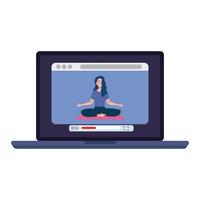 en línea, concepto de yoga, la mujer practica yoga y meditación, viendo una transmisión en una computadora portátil vector