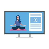 online, yoga concept, woman practices yoga and meditation, watching a broadcast on a computer vector