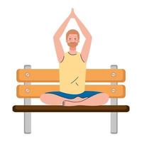 Hombre meditando sentado en la silla de madera del parque, concepto de yoga, meditación, relajación, estilo de vida saludable vector