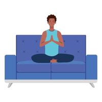Hombre afro meditando sentado en el sofá, concepto de yoga, meditación, relajación, estilo de vida saludable vector