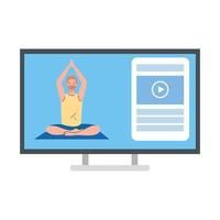 online, yoga concept, man practices yoga and meditation, watching a broadcast on a computer vector