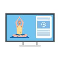 en línea, concepto de yoga, el hombre practica yoga y meditación, viendo una transmisión en una computadora vector