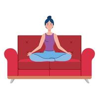 woman meditating sitting in couch, concept for yoga, meditation, relax, healthy lifestyle vector