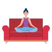 Mujer meditando sentada en el sofá, concepto de yoga, meditación, relajación, estilo de vida saludable vector