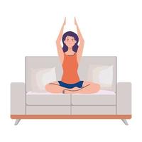 Mujer meditando sentada en el sofá, concepto de yoga, meditación, relajación, estilo de vida saludable vector