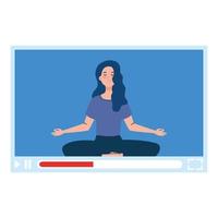 en línea, concepto de yoga, la mujer practica yoga y meditación, viendo una transmisión en una página web vector