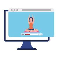 online, yoga concept, woman practices yoga and meditation, watching a broadcast on a computer vector