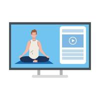 online, yoga concept, man practices yoga and meditation, watching a broadcast on a computer vector