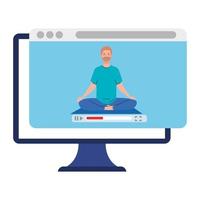 en línea, concepto de yoga, el hombre practica yoga y meditación, viendo una transmisión en una computadora vector