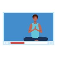 online, yoga concept, man afro practices yoga and meditation, watching a broadcast on a web page vector