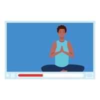 online, yoga concept, man afro practices yoga and meditation, watching a broadcast on a web page vector